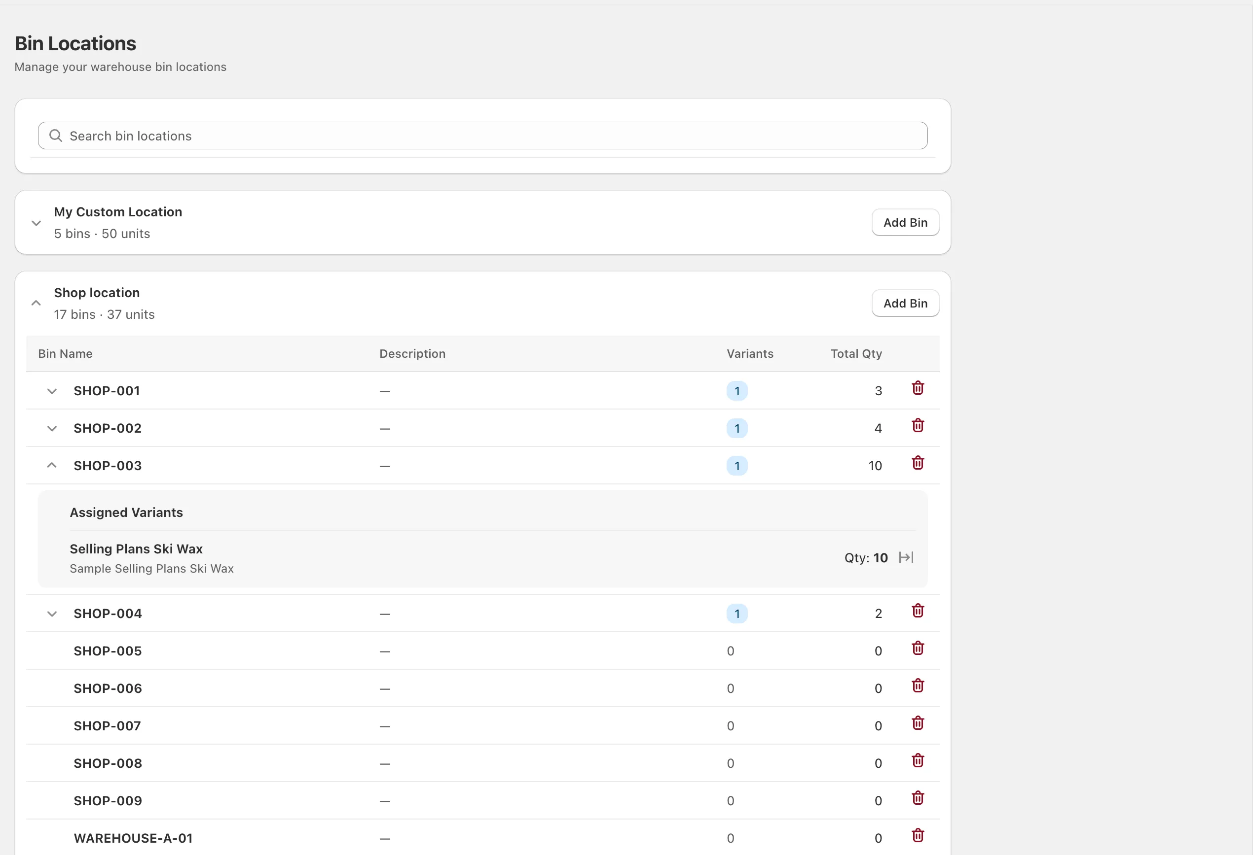 Bin locations page with collapsible sections per warehouse