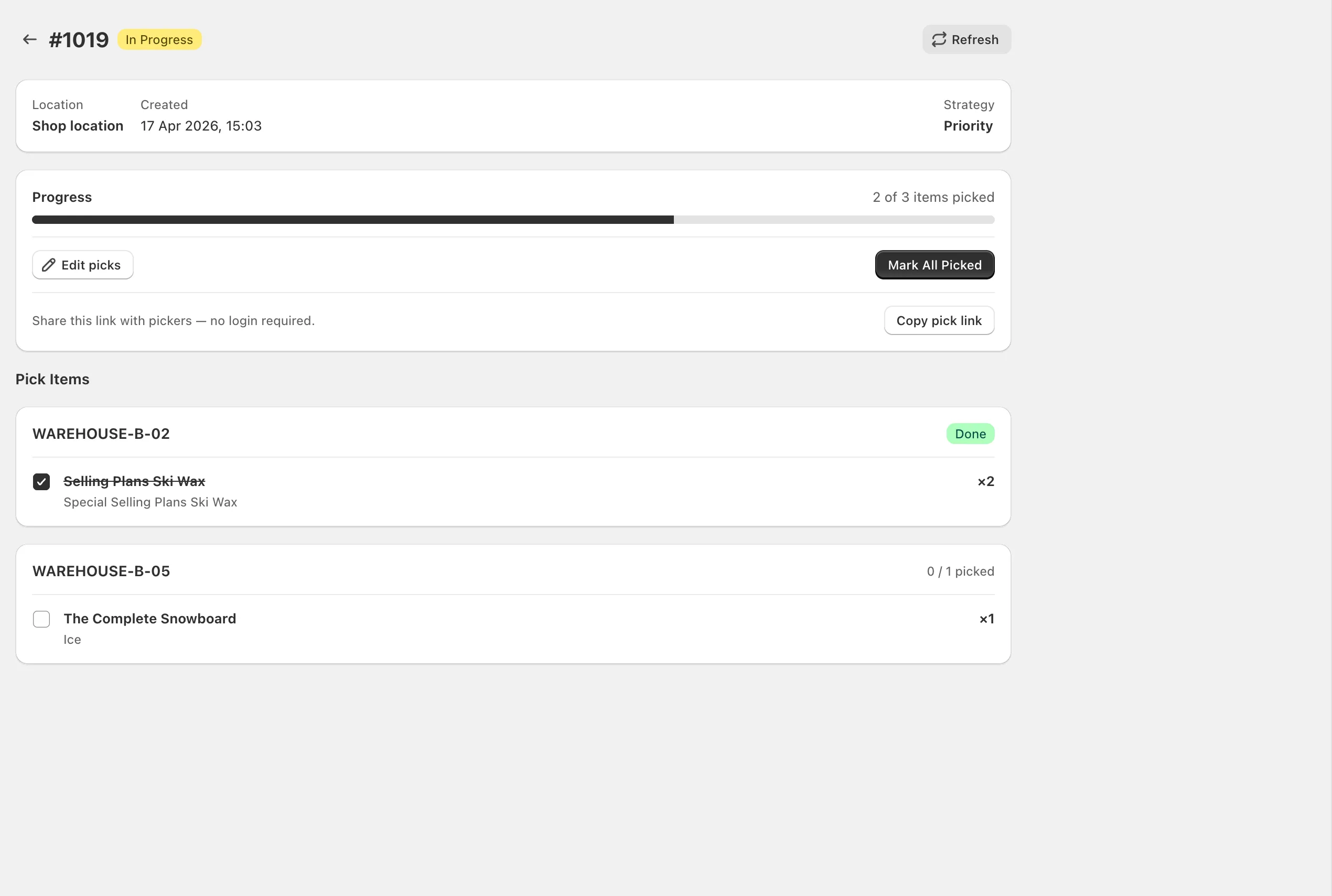 Pick list detail page grouped by bin